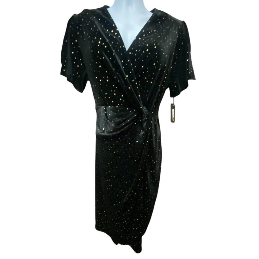 Glamour Nights Dress 18W Velour Sequin Wrap Short Sleeve Black Midi V-Neck